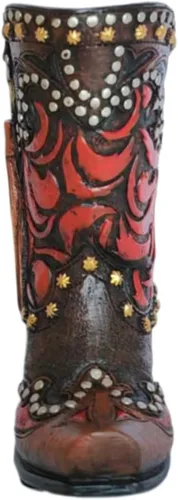 Vista 3 de Bota de vaquero occidental decorativa rústica, jarrón para decoración de oficina (rojo y negro)