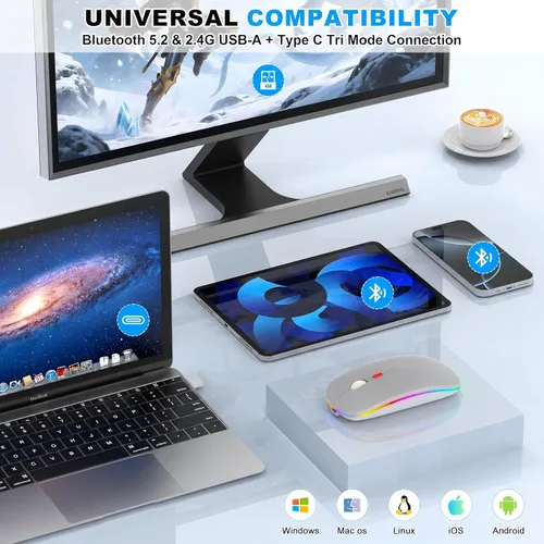Vista 2 de Ratón inalámbrico LED Bluetooth para MacBook Air iPad Pro PC, mouse de computadora RGB recargable delgado con modo Jiggler, 3 modos BT 5.2 y 2.4G