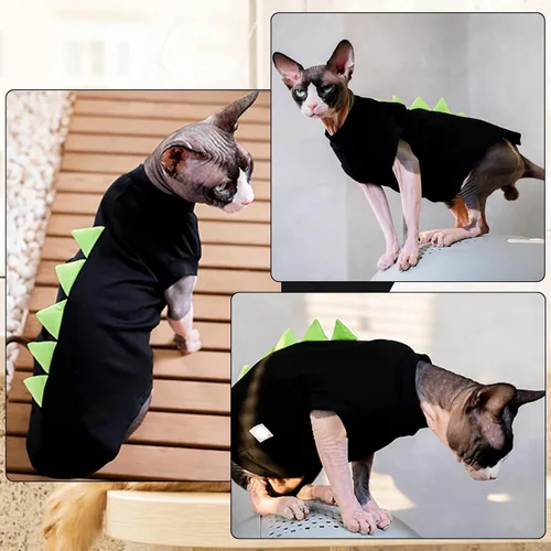 Vista 2 de DENTRUN Sphynx - Ropa de gato, lindo diseño de dinosaurio, disfraz de gato sin pelo, camisas de algodón transpirable, ropa de gato solo para gatos