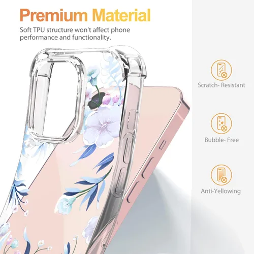 Vista 6 de Funda diseñada para iPhone 13 con protector de pantalla con patrón de flores, funda transparente para mujer, a prueba de golpes, funda protectora