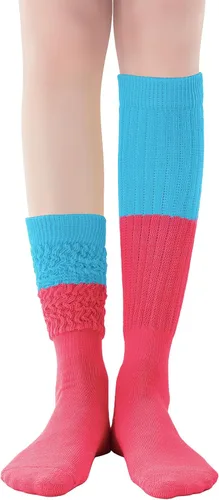 Vista 2 de Calcetines holgados de neón para mujer de los años 80 y 90, calcetines altos hasta la rodilla, suaves y extra largos, calentadores de piernas