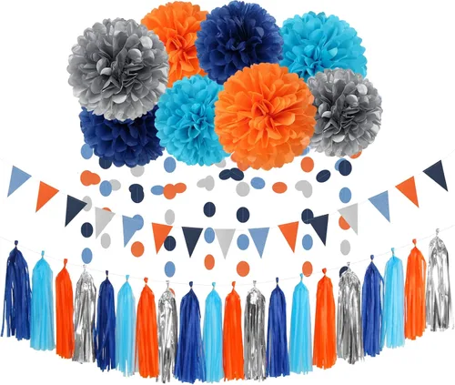 Vista 18 de Decoraciones de Fiesta de Halloween Negro-Morado Naranja Verde - 30 piezas Pompones de Papel Tissue, Serpentinas, Guirnalda de Borlas, Pancarta