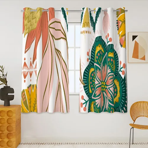 Vista 8 de Tyrot - Cortinas bohemias florales 100% opacas para dormitorio de 63 pulgadas de largo, 2 paneles. Cortinas botánicas de mediados de siglo