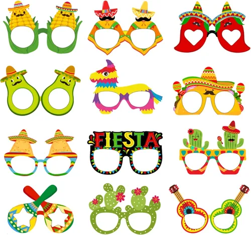 Vista 6 de Meooeck 24 pares de anteojos mexicanos para fiesta cinco de mayo, gafas de papel, Taco, cactus, fiesta, decoración mexicana para fiestas
