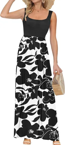 Vista 14 de AUSELILY Vestido largo con cuello cuadrado para mujer, sin mangas, floral, holgado, con bolsillos