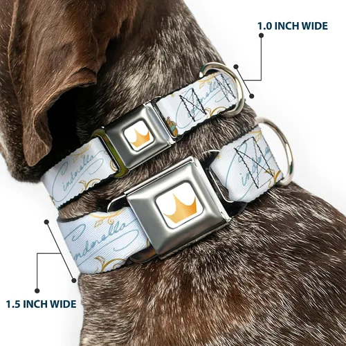 Vista 2 de Collar de perro con hebilla de cinturón de seguridad Cenicienta Calabaza Entrenador y ratones Pose con Script Blues 9.5 a 13 pulgadas 1.0 pulgadas
