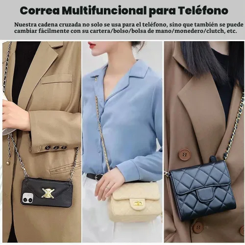 Vista 7 de Cadena cruzada para teléfono Cordón para teléfono celular, Correa universal de cuero + metal para el hombro con parches de sujeción para teléfono (A)
