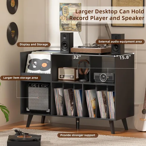 Vista 3 de LELELINKY Soporte grande para tocadiscos, soporte para tocadiscos de 48 pulgadas con almacenamiento, soporte para discos de vinilo con área