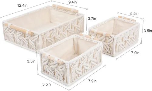 Vista 6 de ANMINY 3 cestas de almacenamiento de macramé para organizar cestas de decoración bohemia, cestas de almacenamiento con asas de madera, cajas