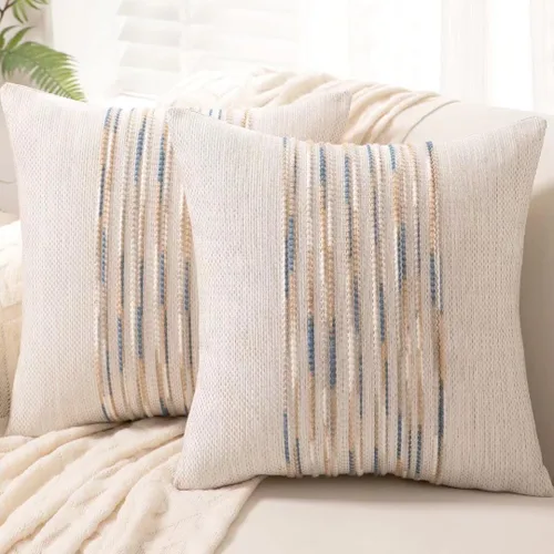 Vista 10 de Fundas de almohada decorativas estilo bohemio de 18x18, juego de 2, para sofá, cama, fundas de cojín cuadradas a rayas para granja, fundas