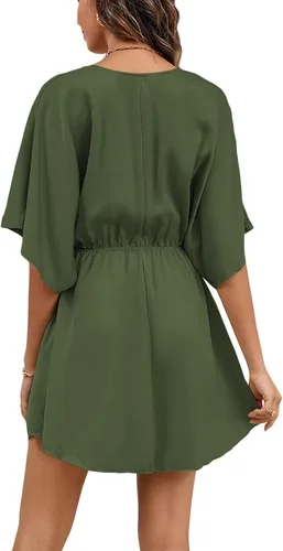 Vista 2 de LYANER Minivestido elegante de satén con cuello en V y volantes para mujer