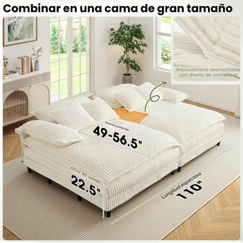 Vista 6 de WESTSETLUX Tumbona extragrande de 54.8 pulgadas de ancho para interiores con respaldo ajustable de 5 posiciones, sofá cama de pana con 3 almohadas