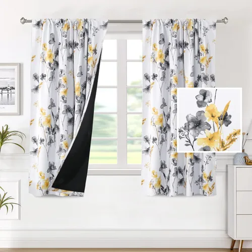 Vista 35 de H.VERSAILTEX cenefas de cortina 100% opacas para ventanas de cocina, juego de 2 paneles, estampado floral Cattleya Leah, cenefas térmicas aisladas