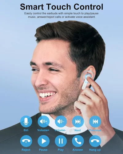 Vista 4 de KMOUK Qualcomm QCC3040 Bluetooth 5.2, auriculares impermeables IPX8, 4-Mic CVC8.0, reducción de ruido de llamada, 30 horas de reproducción