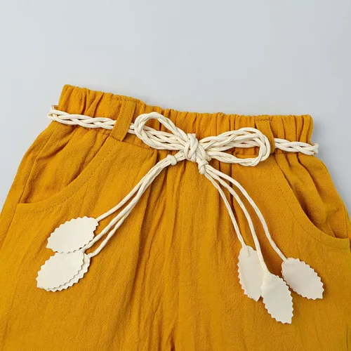 Vista 7 de FOCUTEBB Conjunto de ropa corta de verano para niñas pequeñas, camiseta de lino con cinturón