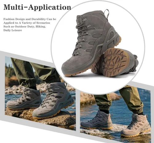 Vista 7 de Botas tácticas militares para hombre, transpirables, cómodas, duraderas, antideslizantes, para combate, seguridad Gris