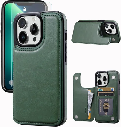 Vista 14 de Funda tipo cartera compatible con iPhone 13 Pro de 6.1 pulgadas, funda protectora delgada con tarjetero, piel sintética de alta calidad, ranuras