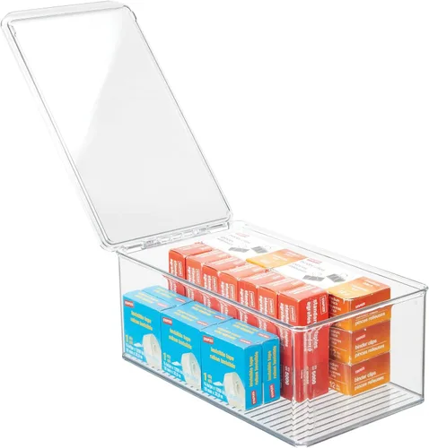 Vista 6 de mDesign Caja organizadora de almacenamiento apilable de plástico para oficina en casa con tapa de bisagra, contenedor para blocs de notas