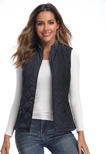 Vista 7 de Chaleco para exteriores de mujer, chaleco acolchado ligero con cremallera y cuello alto.
