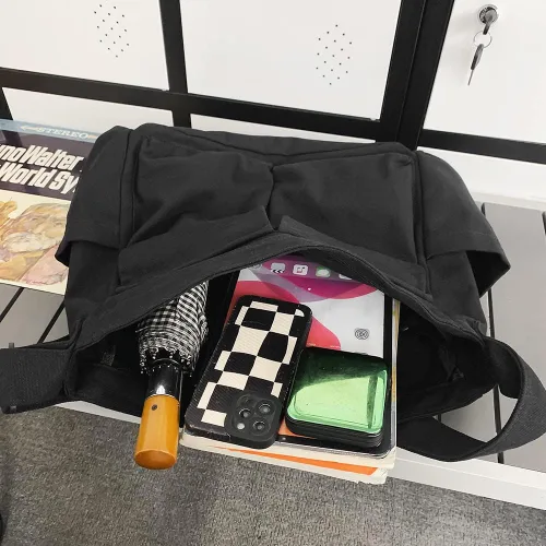 Vista 4 de Bolso bandolera de lona con broches y colgante, lindo, para mujeres y niñas, bolso de hombro casual, estético, para la escuela