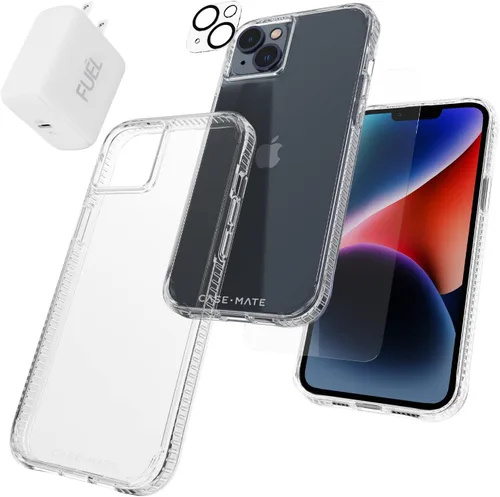 Vista 8 de Case-Mate Paquete de protección 4 en 1, funda para iPhone 14 Plus (negro pesado), vidrio templado, protector de lente y cargador USB C de 30 W