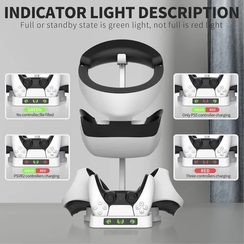 Vista 3 de Estación de carga de controlador para PSVR2 y PS5, base de carga rápida Dual Playstation VR2 con luz LED, soporte de pantalla para auriculares PS5