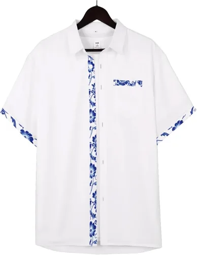 Vista 2 de QIVICIMA Camisa hawaiana de lino de manga corta para hombre, color blanco, rosa, azul cielo, camisa con botones y estampado casual