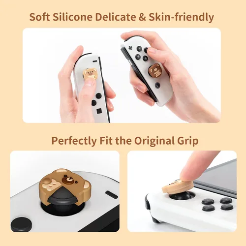 Vista 3 de GeekShare 4 tapas de agarre de pulgar compatibles con Nintendo SwitchOLEDSwitch Lite, cubierta de silicona suave para palanca de mando Bear Cookies
