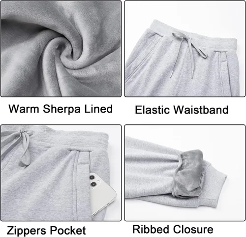 Vista 37 de MOUEEY Pantalones deportivos súper cálidos con forro de sherpa para mujer, pantalones deportivos de forro polar con bolsillos con cremallera