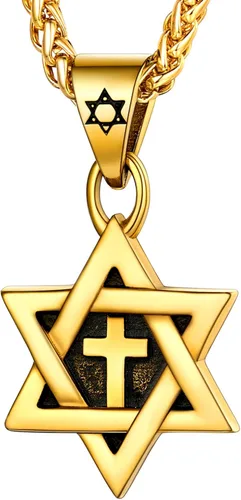 Vista 27 de U7 - Collar con Estrella de David para hombres y mujeres, dije hexagonal de acero inoxidable con cruz/piedra de rubí/collares clásicos judíos