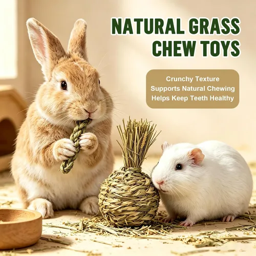 Vista 3 de 7 piezas de juguetes masticables de conejo, bola masticable natural de hierba Timothy para conejos, conejito molar y jugar hierba palo de juguete