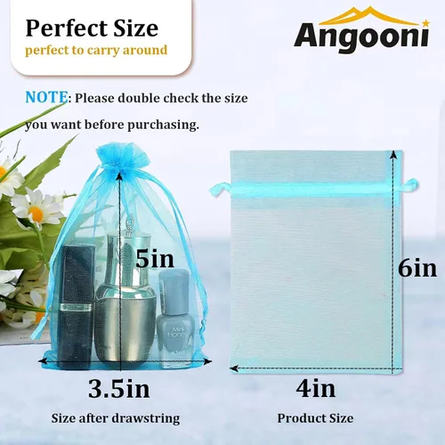 Vista 3 de Angooni 100 bolsas de organza azul transparente con cordón para regalo, para joyas, fiestas, bodas, fiestas, festivales, bolsas de dulces (4 x 6)