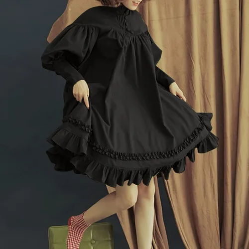Vista 2 de Vestido gótico negro para mujer, vestido Lolita de manga abombada, vestido victoriano corto con volantes, vestido de té renacentista