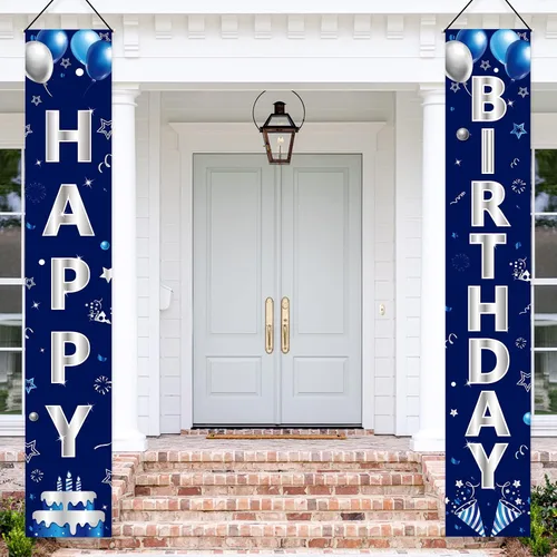 Vista 5 de Turypaty Cartel de feliz cumpleaños azul plateado para hombres y niños, cartel de feliz cumpleaños, porche, suministros de fiesta, decoración
