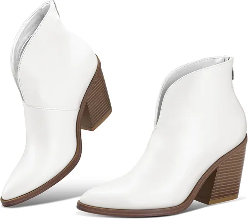 Vista 3 de mysoft Women's V Cut Out Ankle Boots Slip On Pointed Toe Chunky Stacked Heel Booties