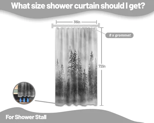 Vista 3 de Cortina de ducha estrecha para hombre, diseño de bosque negro y gris, para casa rodante, juego de decoración de baño, tela impermeable con ganchos