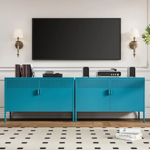 Vista 59 de Gabinete de almacenamiento de metal ancho negro, gabinete de acento de 2 puertas para el hogar y la oficina, gabinete de metal bajo de 2 niveles