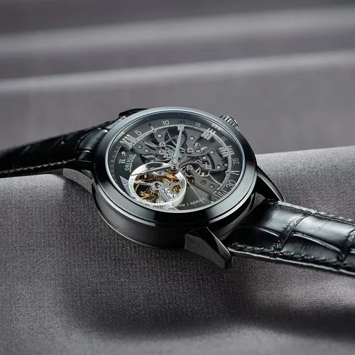 Vista 3 de OBLVLO Relojes casuales de lujo con diseño de esqueleto, oro rosa, relojes automáticos, cristal de zafiro VM-S
