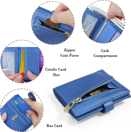 Vista 5 de CONISY Cartera pequeña para mujer, con bloqueo RFID, de piel, plegable, con bolsillo frontal, con cremallera (azul)