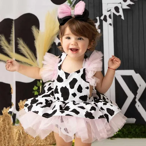 Vista 2 de Vestido de mameluco para niñas pequeñas con estampado de vaca, ropa de tul para recién nacidas, tutú elegante (multicolor, 3-4 años)