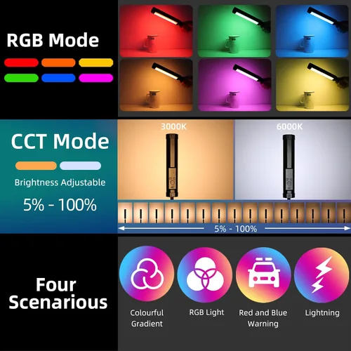 Vista 3 de LUXCEO Varita de luz LED RGB multicolor – Mini luz recargable de 2000 mAh para grabación de video, luces de tubo profesional con base magnética