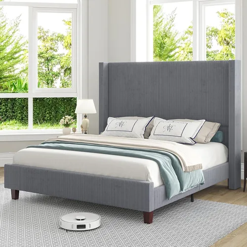 Vista 12 de HOWE - Base de cama tapizada tamaño Queen con cabecera de ala de 61 pulgadas de alto, color negro