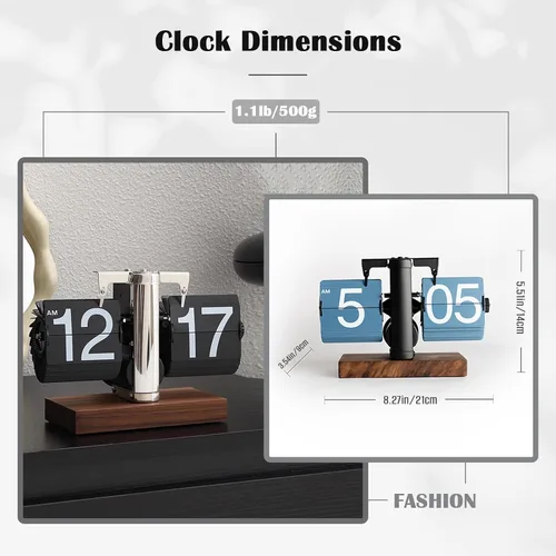 Vista 7 de VBESTLIFE Reloj digital retro abatible, funciona con batería, reloj de engranajes internos, mecánico clásico, base de nogal negro, para decoración