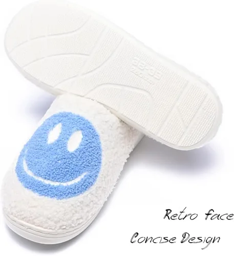 Vista 3 de Pantuflas retro para hombre y mujer, con cara feliz, cómodas, cálidas, de felpa, para invierno, interiores, suaves, antideslizantes, esponjosas