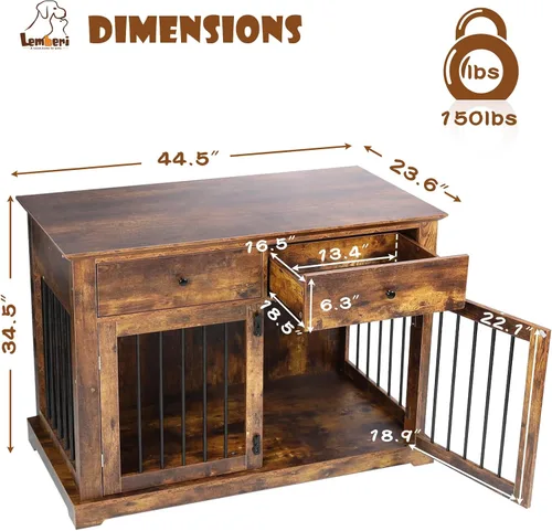 Vista 6 de LEMBERI Mueble de jaula para perros grande de 44 pulgadas, mesa auxiliar de madera para perros con cajones de almacenamiento, jaula decorativa