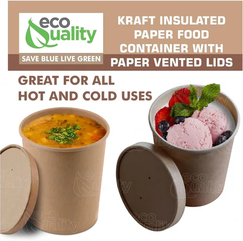 Vista 4 de EcoQuality [Paquete de 75] Contenedores desechables de papel kraft para sopa de 32 onzas con tapas ventiladas, recipientes de helado de cuarto