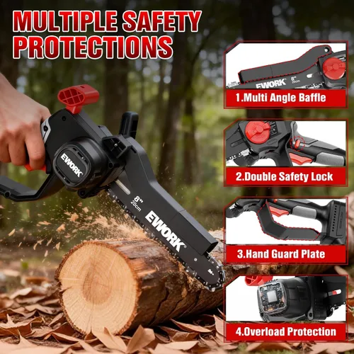 Vista 5 de EWORK Mini motosierra inalámbrica de 8 pulgadas, motor sin escobillas, mini motosierra eléctrica inalámbrica con tensión automática, ligera
