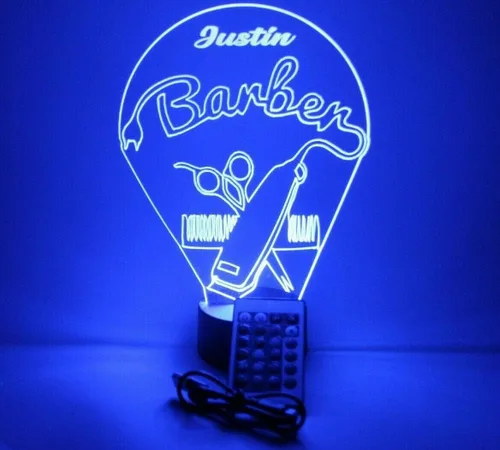 Vista 8 de Barbería peluquería corte peine silla tijeras afeitado hombres noche luz LED grabado personalizado nombre personalizado escritorio lámpara de mesa