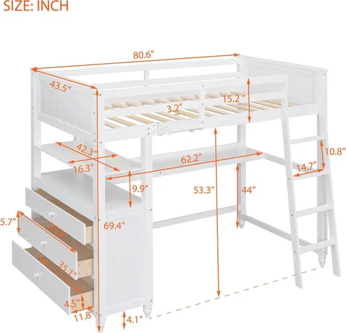 Vista 2 de Merax Cama tipo loft de tamaño individual con escritorio integrado, 3 cajones de almacenamiento y estantes ajustables, cama de plataforma de madera