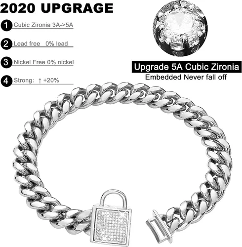 Vista 2 de Collar de perro con cierre de circonita de 0.555 pulgadas, collar de metal plateado para cachorros, collar de lujo para perro, pequeño mediano